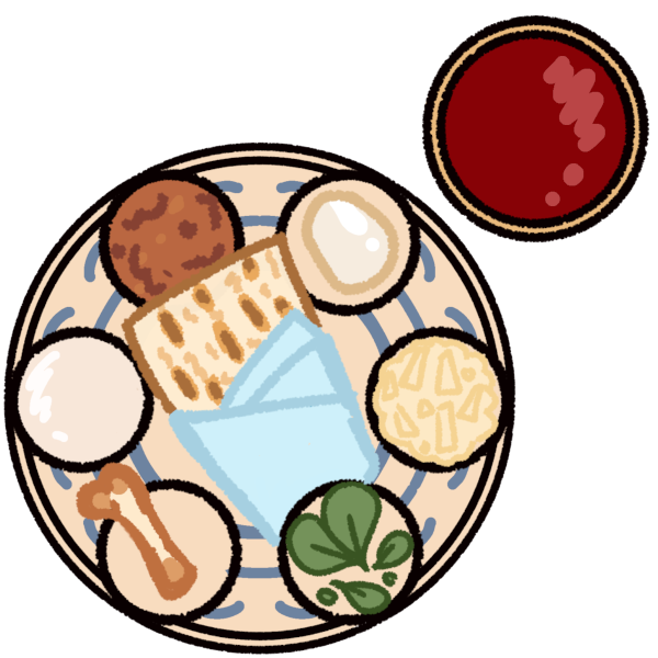 a top-down drawing of a white plate with blue decorations has six tiny bowls around the outside, which have, in clockwise order, an egg, shredded horseradish, leafy green veggies, a lambs bone, salt water, and charoset. there is a piece of matzah wrapped in light blue cloth in the middle of the plate. next to the plate there is a golden wine glass with red wine in it